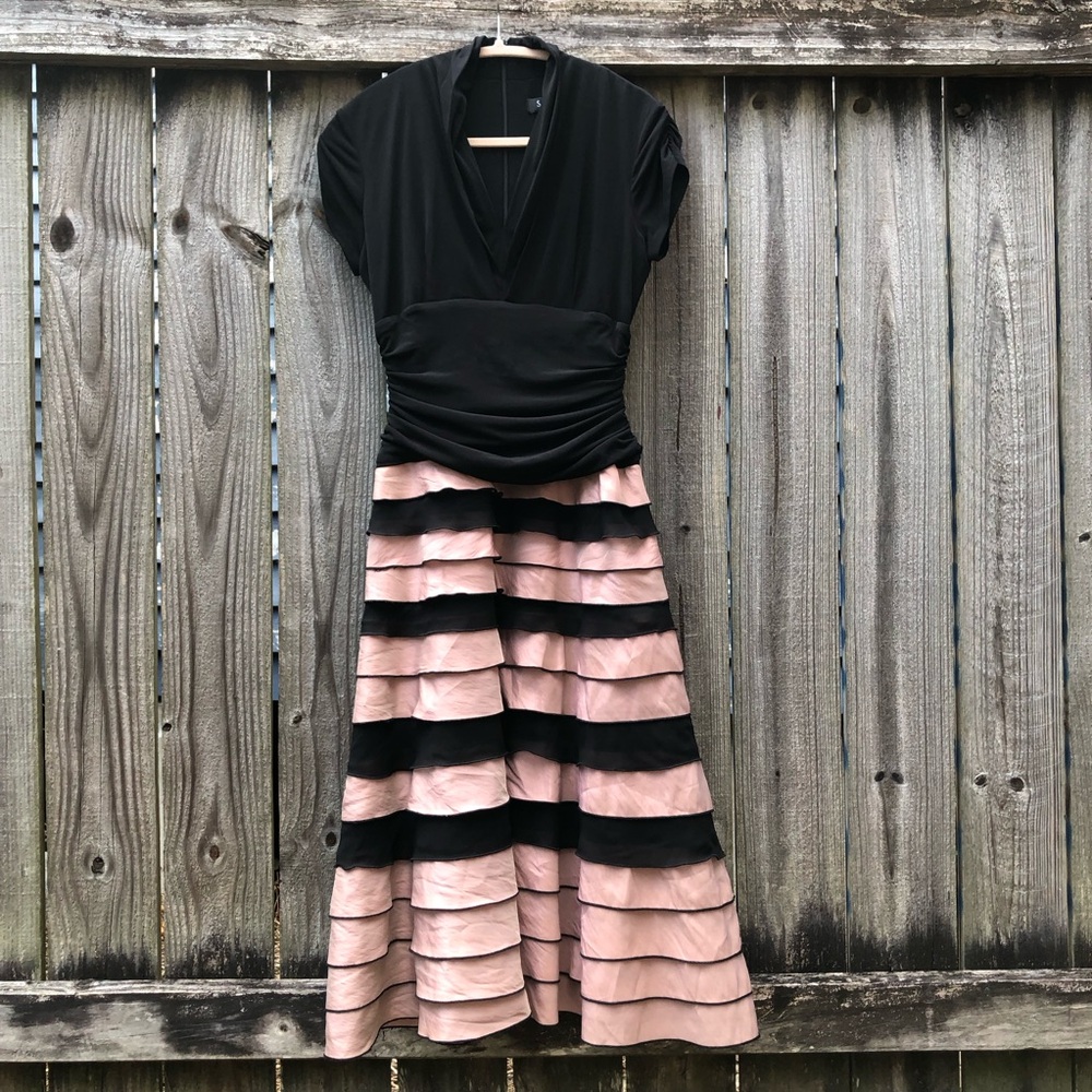 S.L.Fashions Vintage Tiered Midi Dress Black Pink Size 6 Drop Waist Layered
